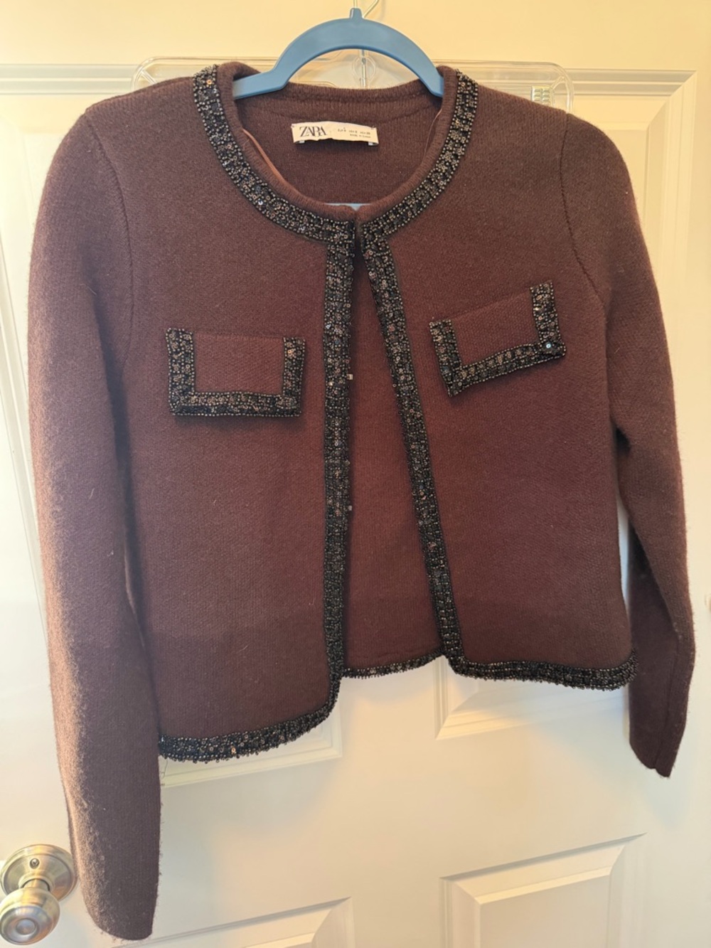 Zara 100% wool brown beaded Sweater Jacket